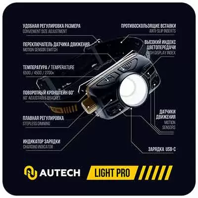 Au-02396400 Autech налобный аккумуляторный фонарь, CRI 96+, 400Lm
